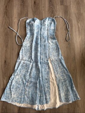 Reformation Sky Blue and White Tie-Dye Strapless Slip Dress